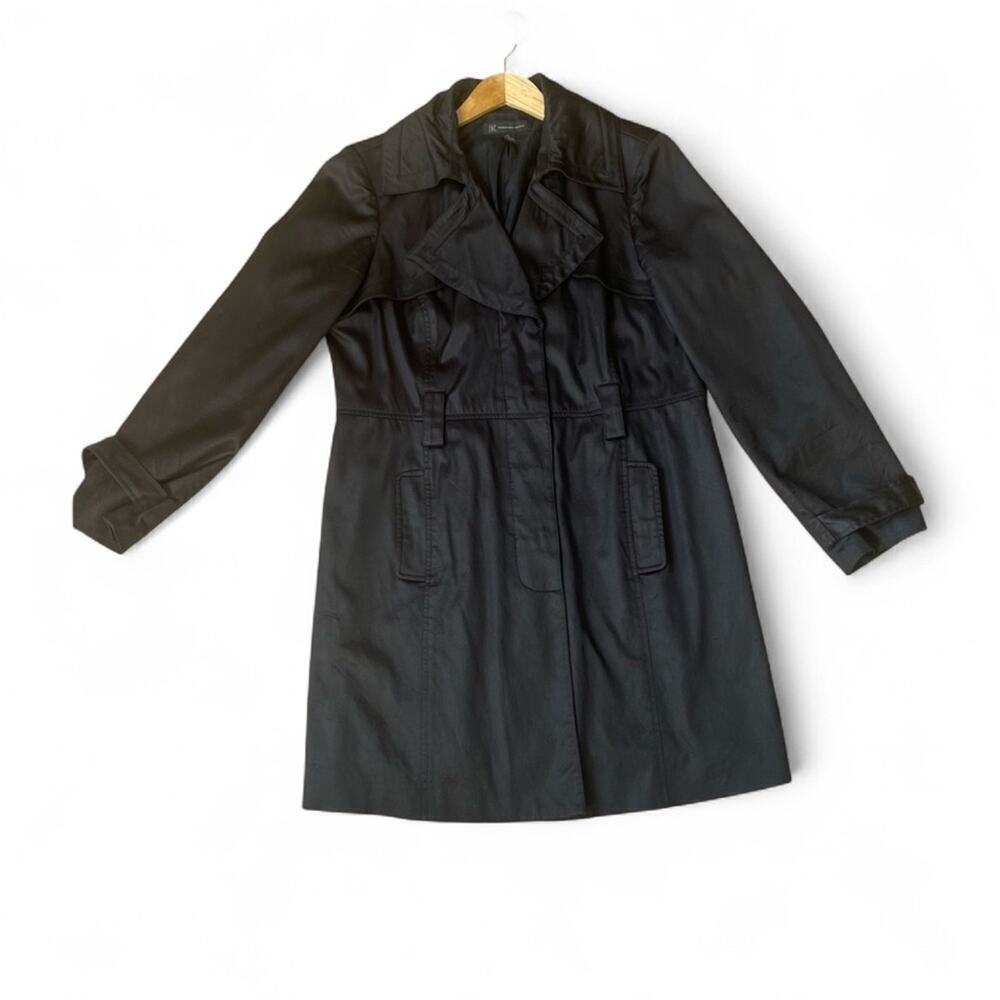 90s Black Trench Coat Lightweight Sleek Goth Office Woman’s Large I.N.C Vintage